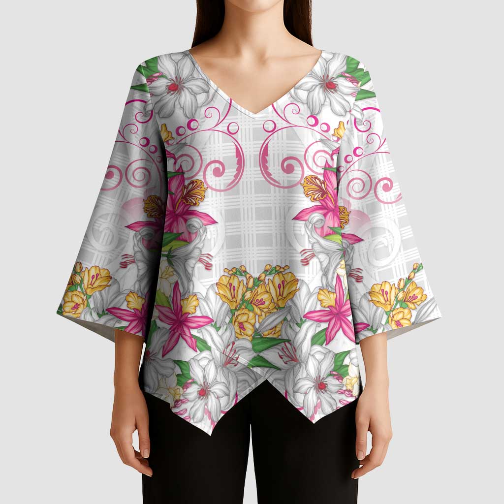 Hawaii Palaka Kimono Sleeve Blouse White Tribal Pattern With Tropical Flowers - Polynesian Pride