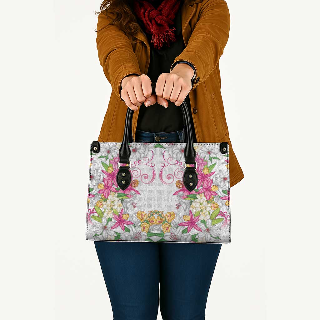 Hawaii Palaka Leather Bag White Tribal Pattern With Tropical Flowers - Polynesian Pride