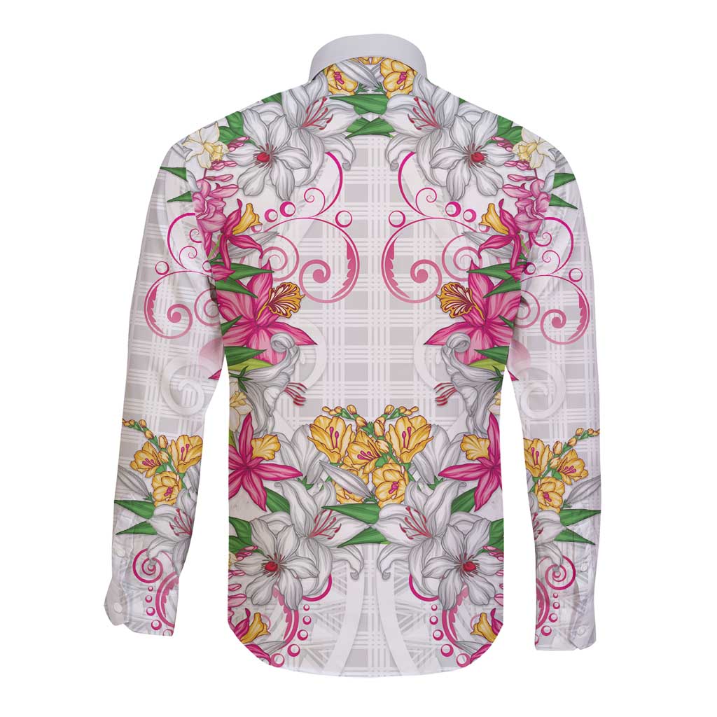 Hawaii Palaka Long Sleeve Button Shirt White Tribal Pattern With Tropical Flowers - Polynesian Pride