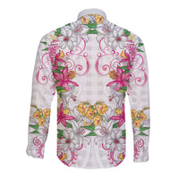 Hawaii Palaka Long Sleeve Button Shirt White Tribal Pattern With Tropical Flowers - Polynesian Pride