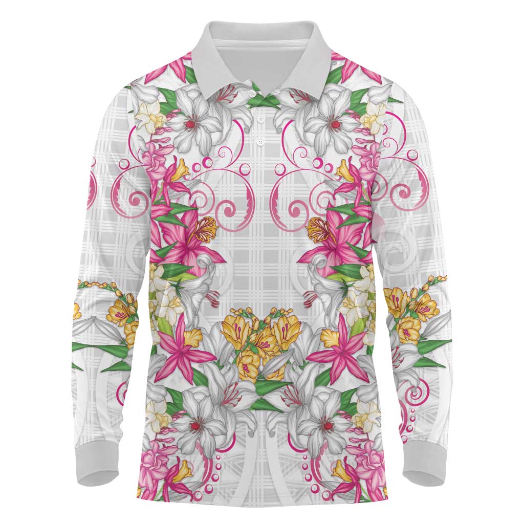 Hawaii Palaka Long Sleeve Polo Shirt White Tribal Pattern With Tropical Flowers - Polynesian Pride
