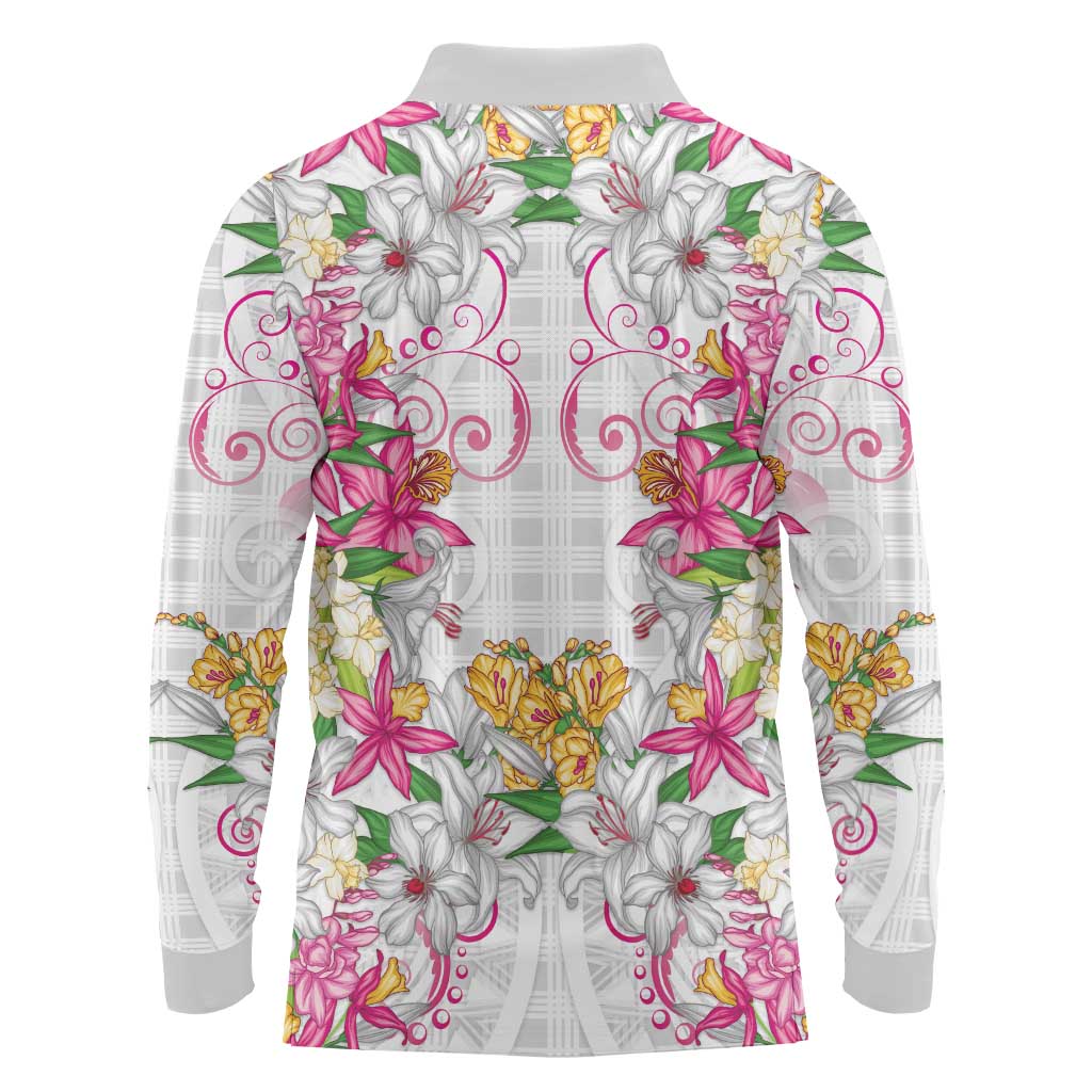 Hawaii Palaka Long Sleeve Polo Shirt White Tribal Pattern With Tropical Flowers - Polynesian Pride