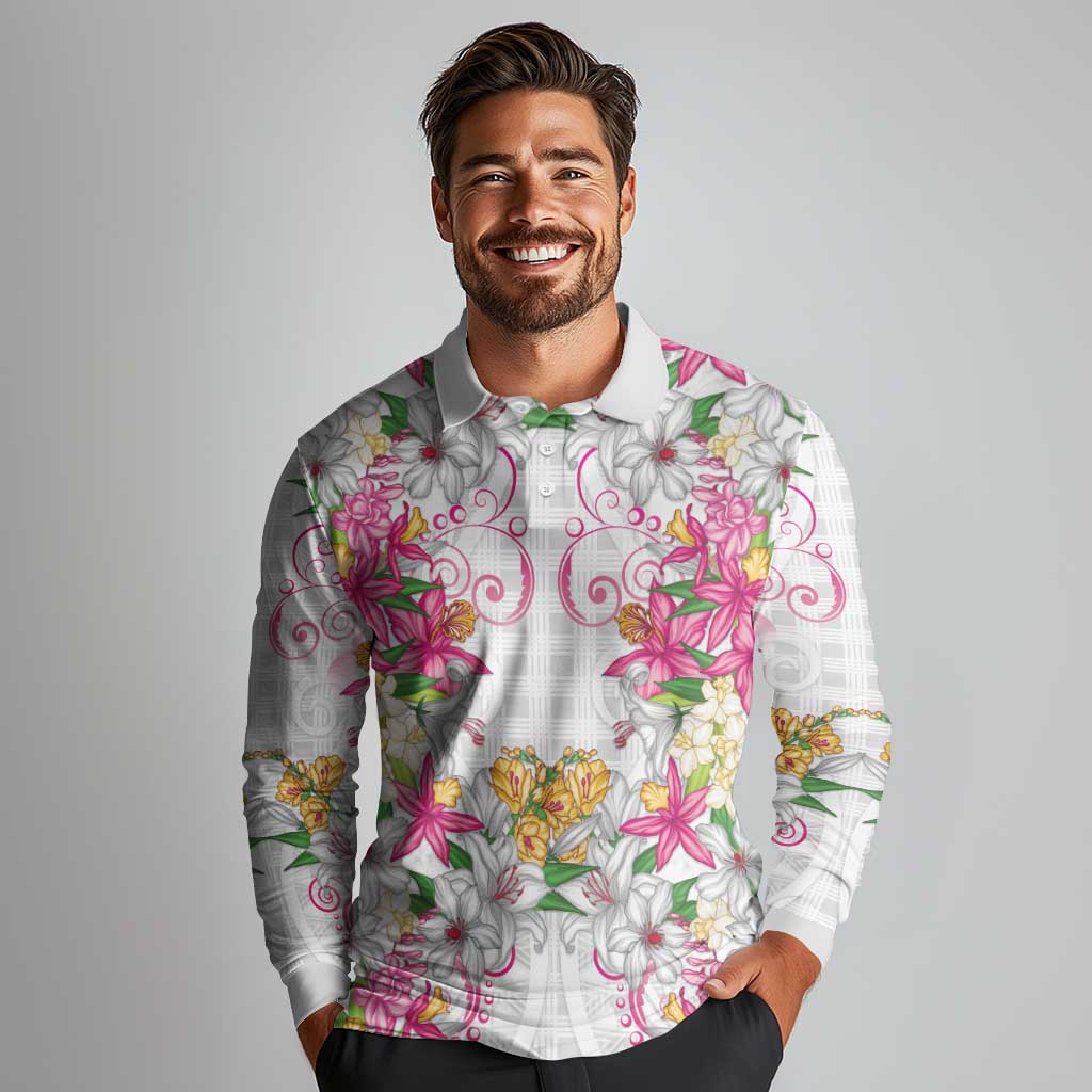 Hawaii Palaka Long Sleeve Polo Shirt White Tribal Pattern With Tropical Flowers - Polynesian Pride
