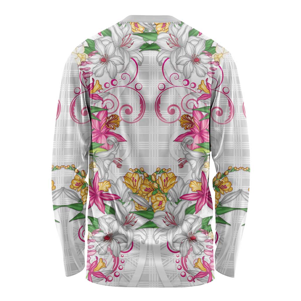 Hawaii Palaka Long Sleeve Shirt White Tribal Pattern With Tropical Flowers - Polynesian Pride