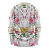 Hawaii Palaka Long Sleeve Shirt White Tribal Pattern With Tropical Flowers - Polynesian Pride