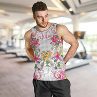 Hawaii Palaka Men Tank Top White Tribal Pattern With Tropical Flowers - Polynesian Pride
