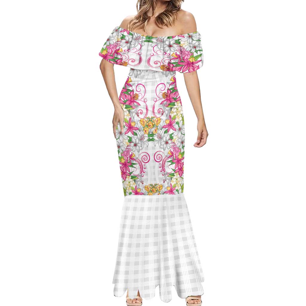 Hawaii Palaka Mermaid Dress White Tribal Pattern With Tropical Flowers - Polynesian Pride
