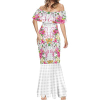 Hawaii Palaka Mermaid Dress White Tribal Pattern With Tropical Flowers - Polynesian Pride
