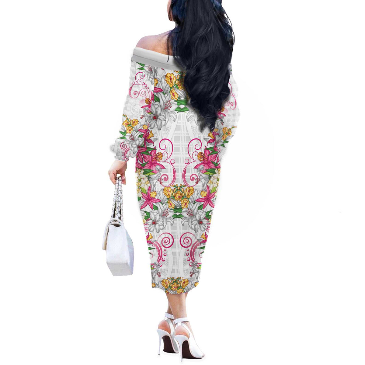 Hawaii Palaka Off The Shoulder Long Sleeve Dress White Tribal Pattern With Tropical Flowers - Polynesian Pride