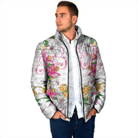 Hawaii Palaka Padded Jacket White Tribal Pattern With Tropical Flowers - Polynesian Pride