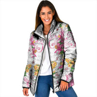Hawaii Palaka Padded Jacket White Tribal Pattern With Tropical Flowers - Polynesian Pride