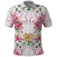 Hawaii Palaka Polo Shirt White Tribal Pattern With Tropical Flowers - Polynesian Pride