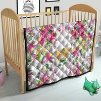 Hawaii Palaka Quilt White Tribal Pattern With Tropical Flowers - Polynesian Pride