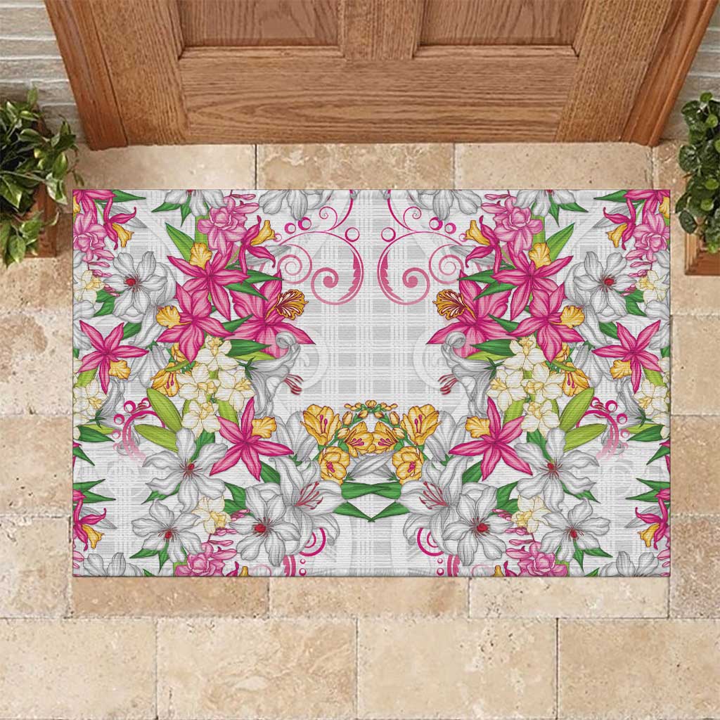 Hawaii Palaka Rubber Doormat White Tribal Pattern With Tropical Flowers - Polynesian Pride