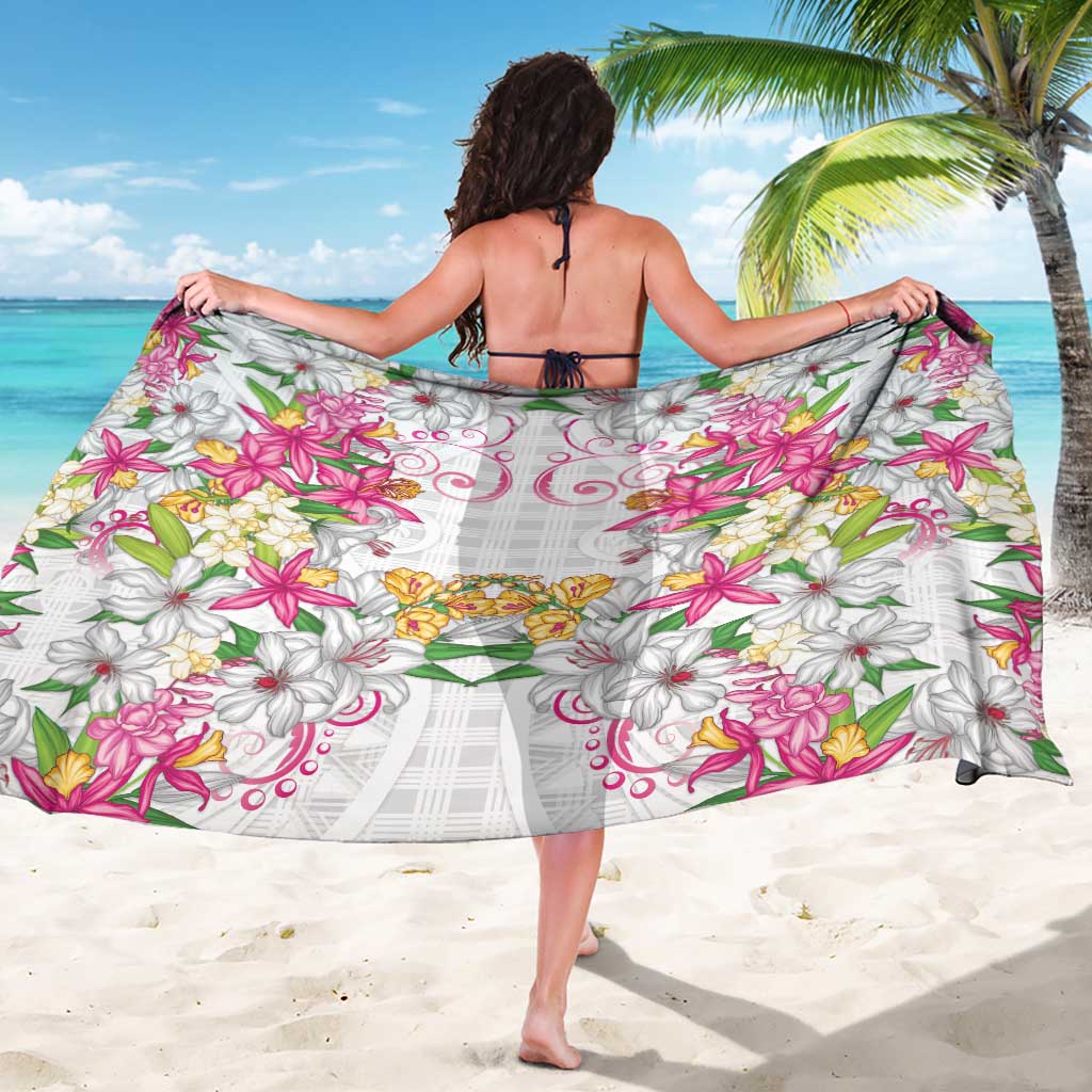 Hawaii Palaka Sarong White Tribal Pattern With Tropical Flowers - Polynesian Pride