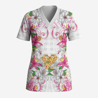 Hawaii Palaka Scrub Top White Tribal Pattern With Tropical Flowers LT05 Adult White - Polynesian Pride