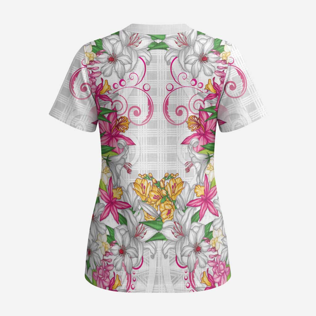 Hawaii Palaka Scrub Top White Tribal Pattern With Tropical Flowers LT05 - Polynesian Pride