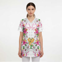 Hawaii Palaka Scrub Top White Tribal Pattern With Tropical Flowers LT05 - Polynesian Pride