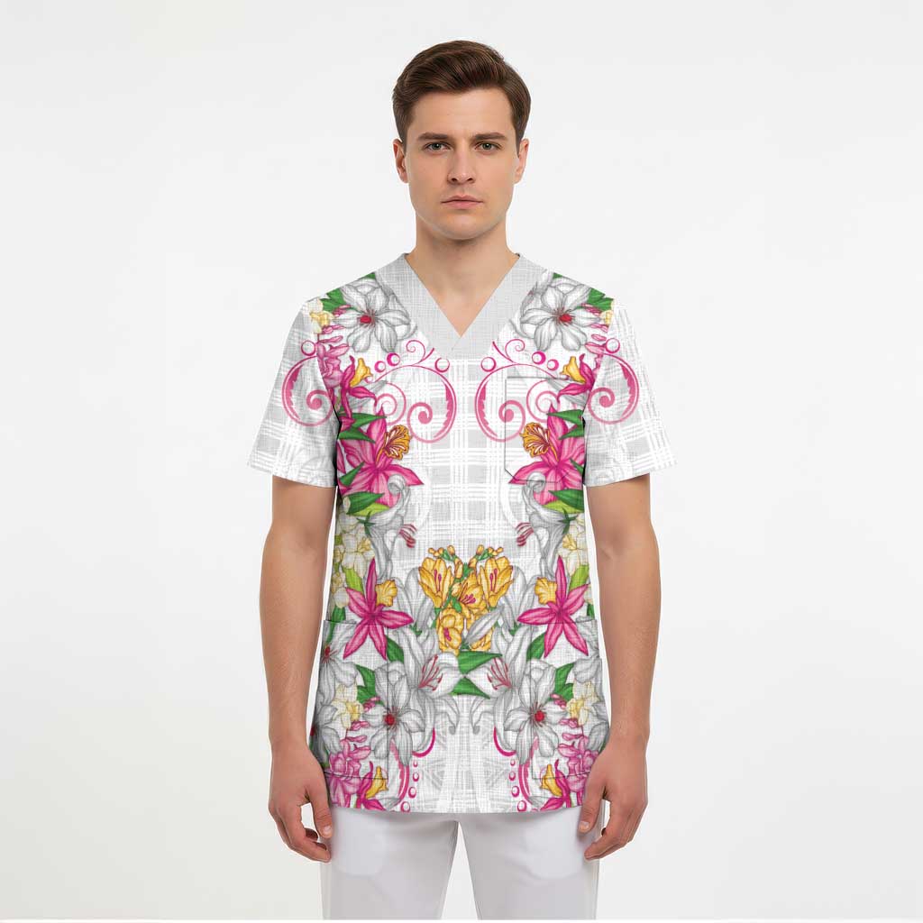 Hawaii Palaka Scrub Top White Tribal Pattern With Tropical Flowers LT05 - Polynesian Pride