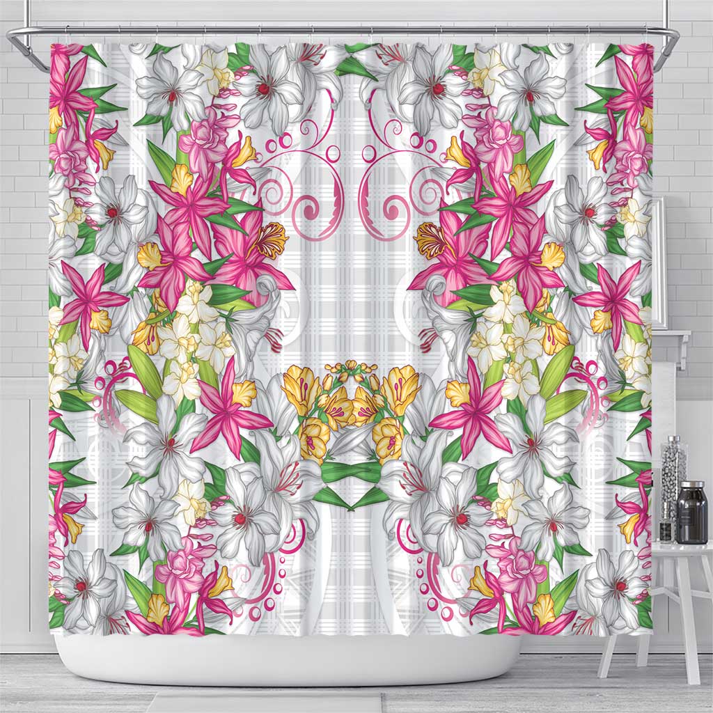 Hawaii Palaka Shower Curtain White Tribal Pattern With Tropical Flowers - Polynesian Pride