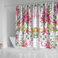 Hawaii Palaka Shower Curtain White Tribal Pattern With Tropical Flowers - Polynesian Pride