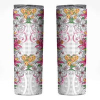 Hawaii Palaka Skinny Tumbler White Tribal Pattern With Tropical Flowers - Polynesian Pride