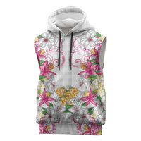 Hawaii Palaka Sleeveless Hoodie White Tribal Pattern With Tropical Flowers - Polynesian Pride