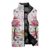 Hawaii Palaka Sleeveless Puffer Jacket White Tribal Pattern With Tropical Flowers - Polynesian Pride