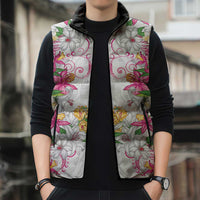 Hawaii Palaka Sleeveless Puffer Jacket White Tribal Pattern With Tropical Flowers - Polynesian Pride