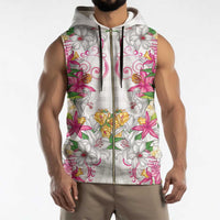 Hawaii Palaka Sleeveless Zip Hoodie White Tribal Pattern With Tropical Flowers - Polynesian Pride