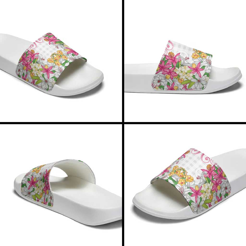 Hawaii Palaka Slide Sandals White Tribal Pattern With Tropical Flowers - Polynesian Pride
