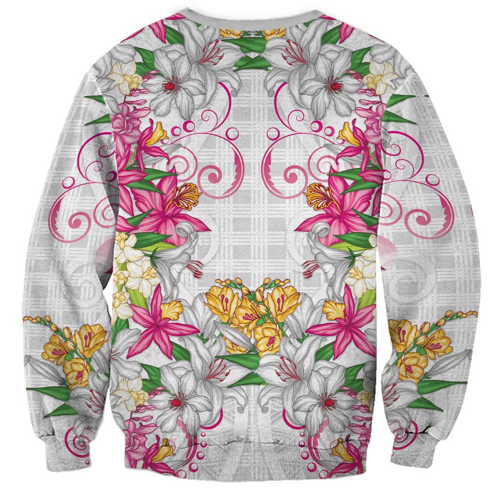 Hawaii Palaka Sweatshirt White Tribal Pattern With Tropical Flowers - Polynesian Pride