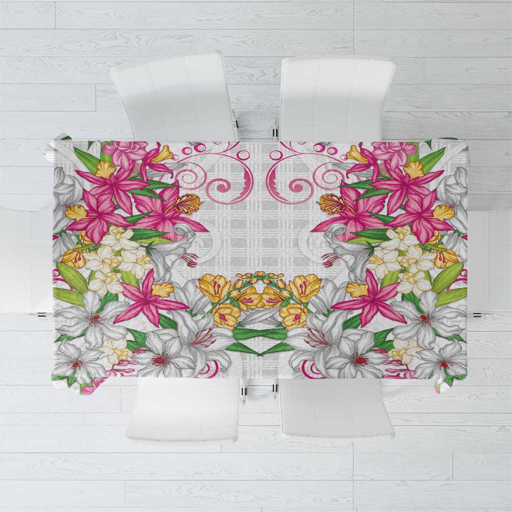 Hawaii Palaka Tablecloth White Tribal Pattern With Tropical Flowers - Polynesian Pride