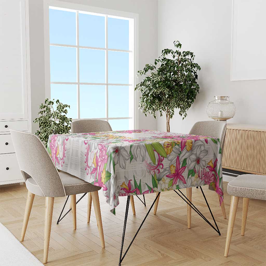 Hawaii Palaka Tablecloth White Tribal Pattern With Tropical Flowers - Polynesian Pride