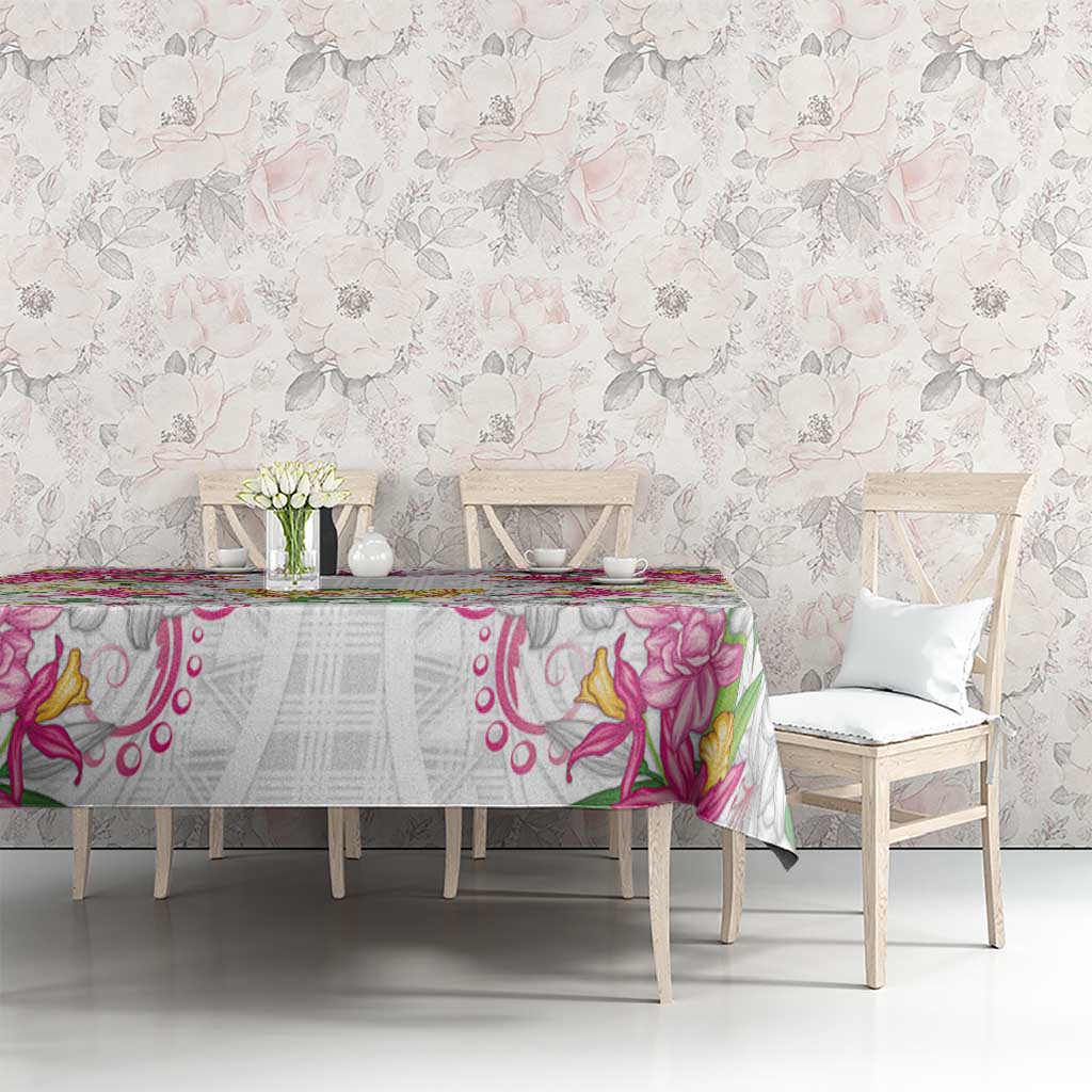 Hawaii Palaka Tablecloth White Tribal Pattern With Tropical Flowers - Polynesian Pride