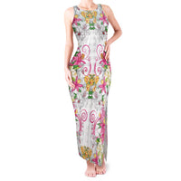 Hawaii Palaka Tank Maxi Dress White Tribal Pattern With Tropical Flowers - Polynesian Pride