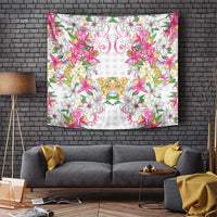 Hawaii Palaka Tapestry White Tribal Pattern With Tropical Flowers - Polynesian Pride