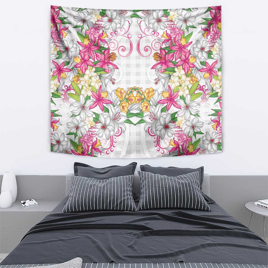 Hawaii Palaka Tapestry White Tribal Pattern With Tropical Flowers - Polynesian Pride