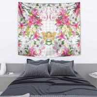 Hawaii Palaka Tapestry White Tribal Pattern With Tropical Flowers - Polynesian Pride