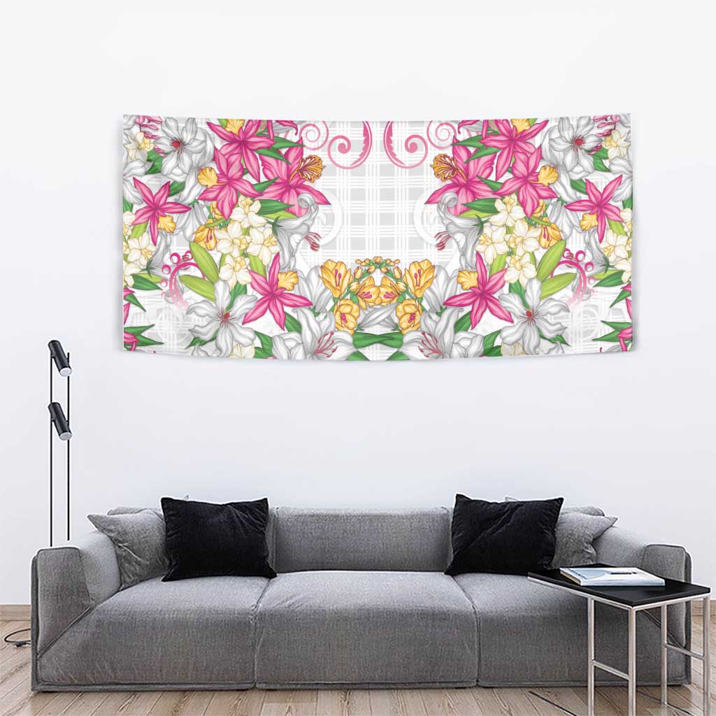 Hawaii Palaka Tapestry White Tribal Pattern With Tropical Flowers - Polynesian Pride