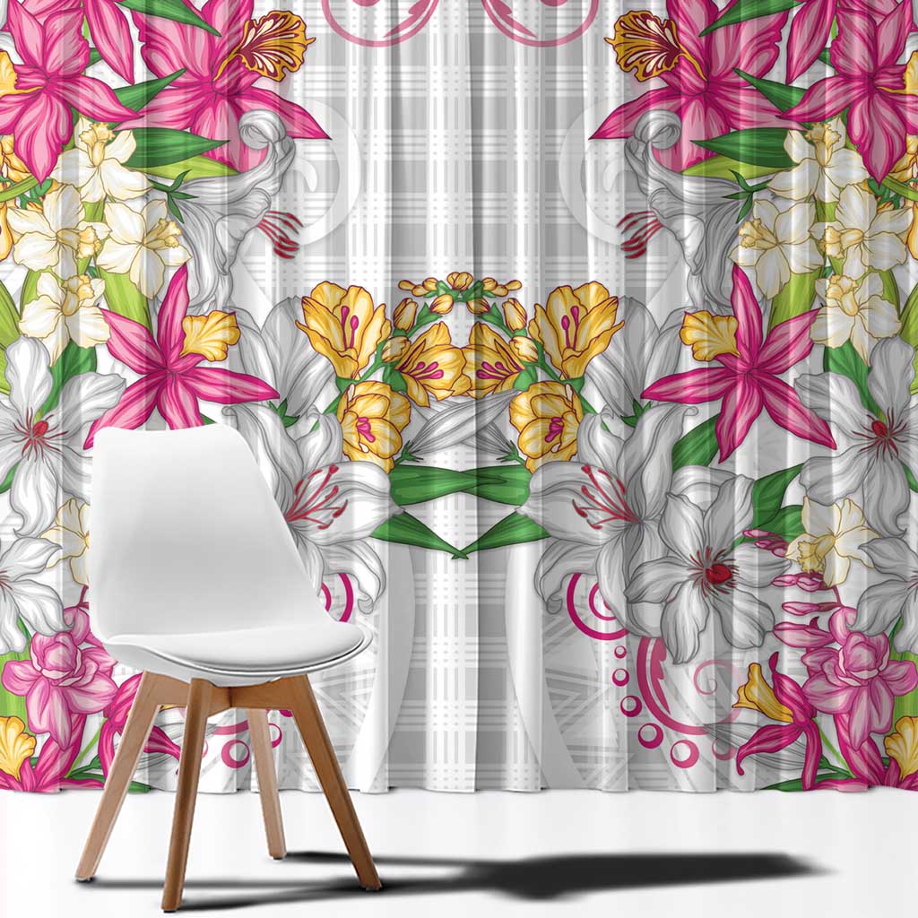 Hawaii Palaka Window Curtain White Tribal Pattern With Tropical Flowers - Polynesian Pride