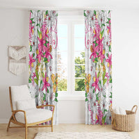 Hawaii Palaka Window Curtain White Tribal Pattern With Tropical Flowers - Polynesian Pride