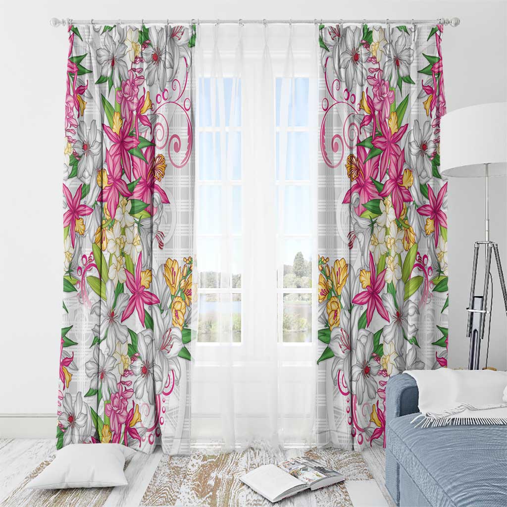 Hawaii Palaka Window Curtain White Tribal Pattern With Tropical Flowers - Polynesian Pride