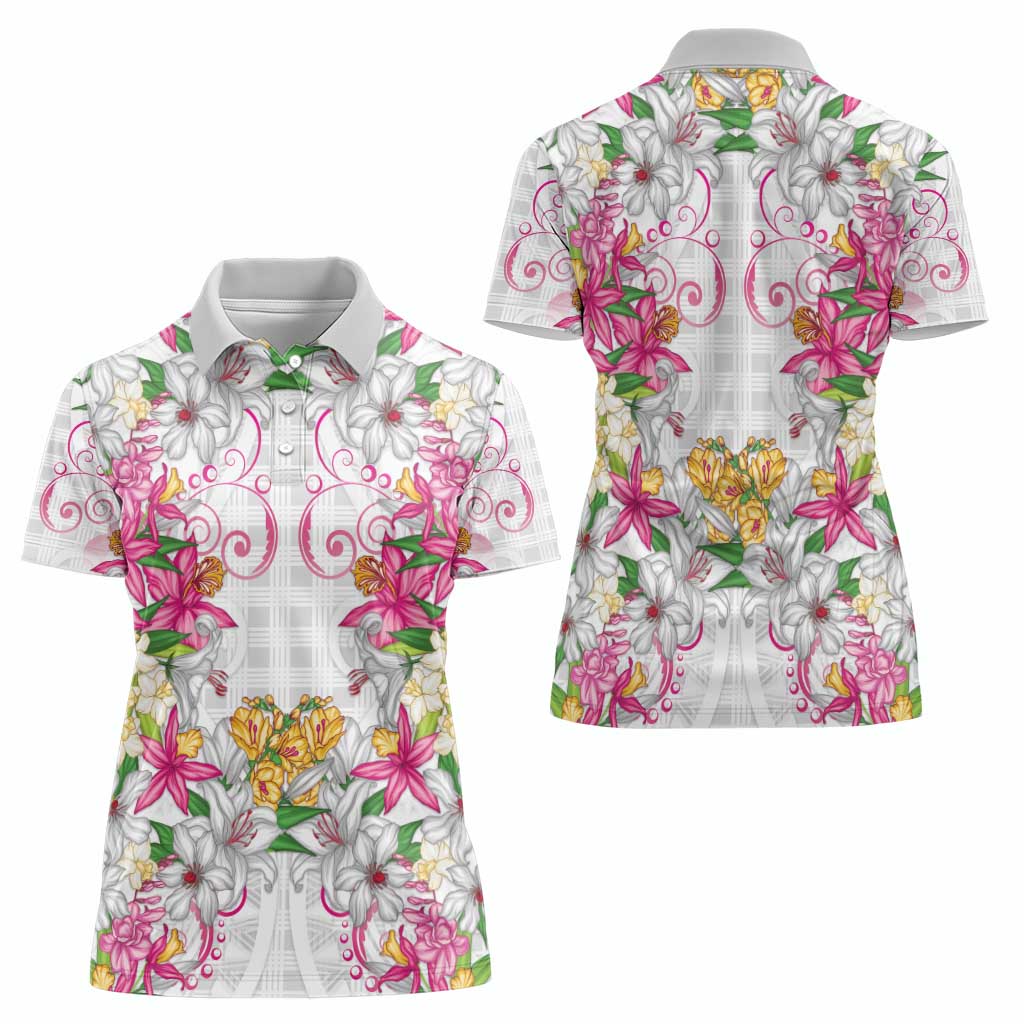Hawaii Palaka Women Polo Shirt White Tribal Pattern With Tropical Flowers - Polynesian Pride