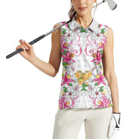 Hawaii Palaka Women Sleeveless Polo Shirt White Tribal Pattern With Tropical Flowers - Polynesian Pride