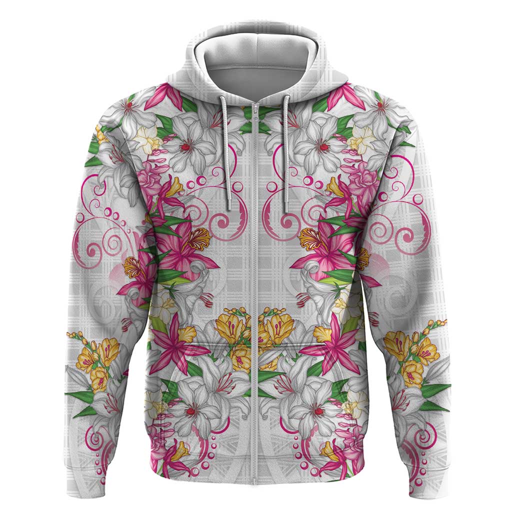 Hawaii Palaka Zip Hoodie White Tribal Pattern With Tropical Flowers - Polynesian Pride