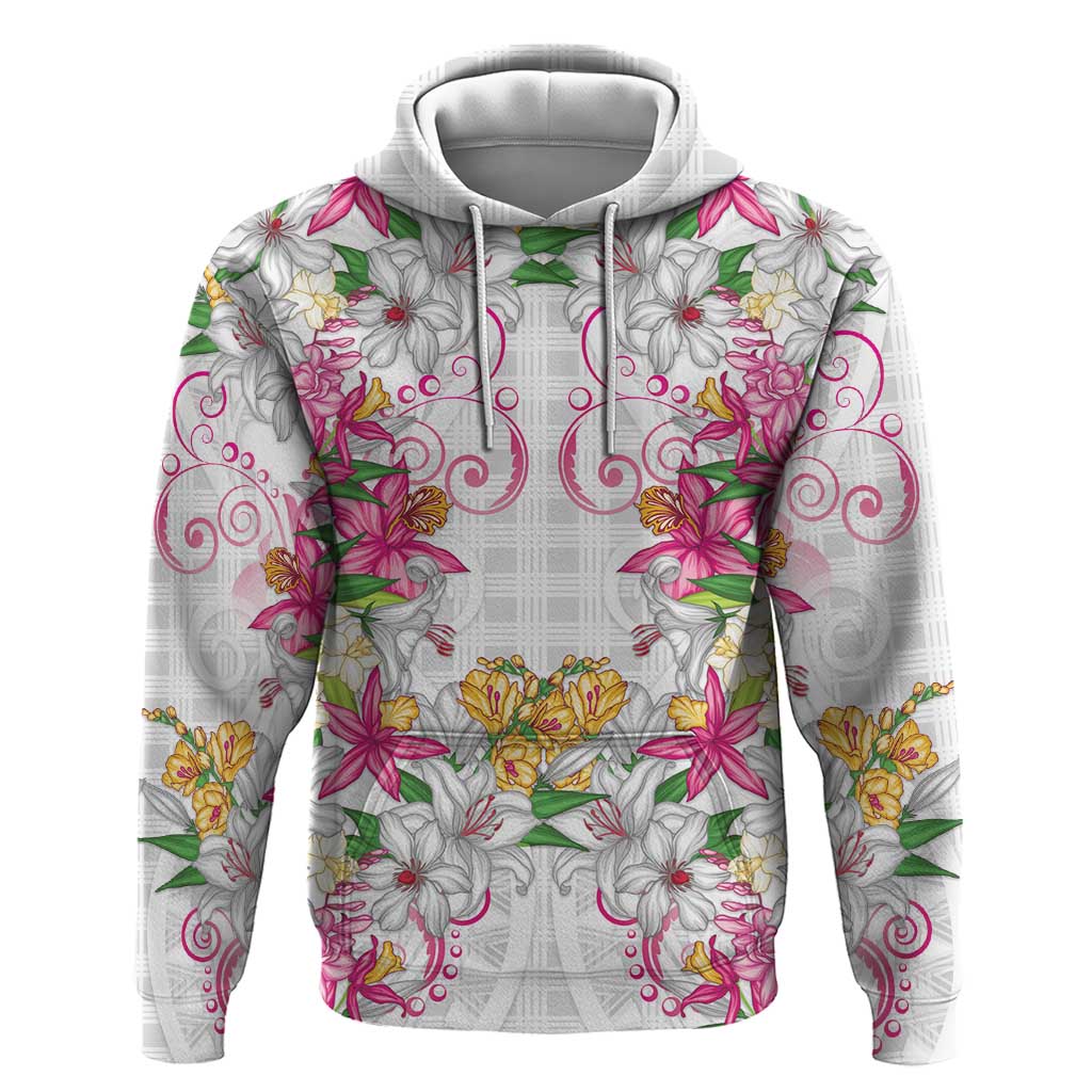 Hawaii Palaka Zip Hoodie White Tribal Pattern With Tropical Flowers - Polynesian Pride