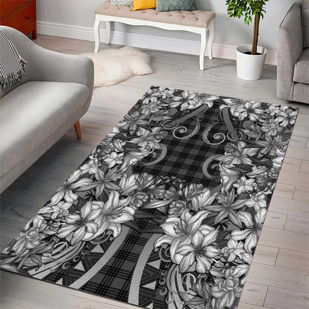Hawaii Palaka Area Rug Black Tribal Pattern With Tropical Flowers - Polynesian Pride