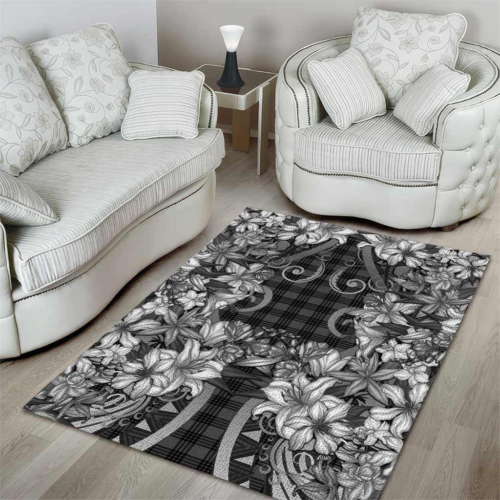 Hawaii Palaka Area Rug Black Tribal Pattern With Tropical Flowers - Polynesian Pride