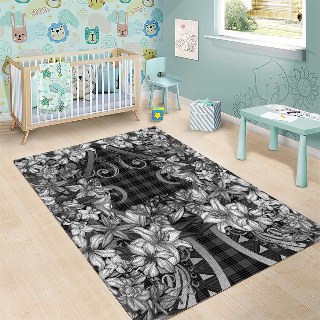 Hawaii Palaka Area Rug Black Tribal Pattern With Tropical Flowers - Polynesian Pride